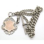 Hallmarked silver graduated single Albert watch chain having a silver fob with gilt cartouche and
