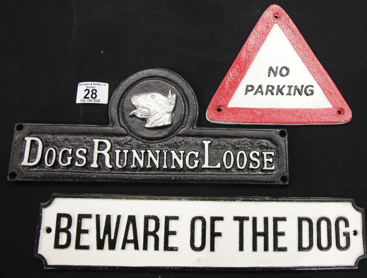 Three cast iron signs, Beware of the Dog, Dogs Running Loose and No Parking, Largest sign L: 36