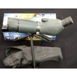 Boxed prismatic spotting scope with tripod and case 20-0 x 60. No apparent damage, lenses appear
