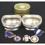 Cunard pair of Elkington Plate open salts with engraved crest, brass oval snuff box with a miniature
