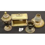 Victorian desk accessories in bronze and brass, to include an urn form inkwell, match striker,