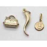 Three 9ct gold charms, 2.0g. P&P Group 1 (£14+VAT for the first lot and £1+VAT for subsequent lots)