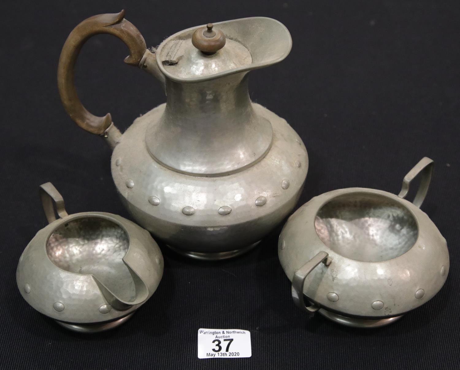 Tudric pewter hammered tea set, sugar and milk marked Tudric, teapot marked Don Pewter, teapot H: 19