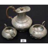 Tudric pewter hammered tea set, sugar and milk marked Tudric, teapot marked Don Pewter, teapot H: 19