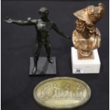 Bronzed cast metal figure of Spartacus, H: 26 cm, cast metal bust of Hercules raised on a marble