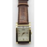 Vintage Gents square faced Citizen Eco Drive wristwatch, gold plated bezel, brown leather strap. P&P