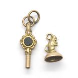 Presumed 9ct gold watch key set with carnelian and bloodstone and a presumed 9ct gold fob modelled
