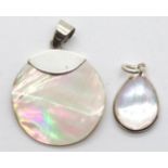 Silver and mother of pearl circular pendant D: 35 mm and a silver and mother of pearl pear shaped