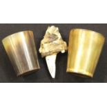 Pair of small horn beakers and a tooth. P&P Group 1 (£14+VAT for the first lot and £1+VAT for