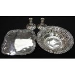 A silver plated square salver with scalloped edge, raised on claw and ball supports, W: 29 cm x D: