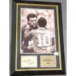 Framed signed photograph of Mohammad Ali and Pele with COA from Jonathan Grant Collectables, frame