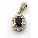9ct gold fancy sapphire and diamond pendant, 1.5g. P&P Group 1 (£14+VAT for the first lot and £1+VAT