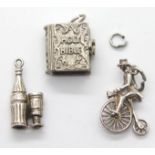 Silver penny farthing charm, bible charm and cola bottle charm. P&P Group 1 (£14+VAT for the first