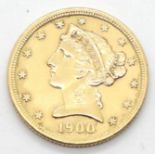 American 1900 Liberty Head five dollar coin. P&P Group 1 (£14+VAT for the first lot and £1+VAT for