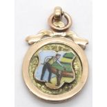 9ct gold circular fob with enamelled billiards shield and monogram inscribed verso, 5.9g. P&P