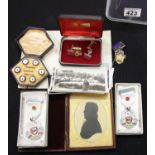 Mixed collectibles to include vintage photographs, boxed studs, leather cased silhouette, Masonic