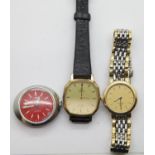 Three Omega ladies wristwatches, one Dynamic, red dial, one Deville quartz champagne dial, one