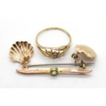 Pair of 9ct gold shell earrings, peridot set 9ct gold bar brooch and a 10ct gold ring with missing