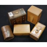 Vintage leather bound boxes, largest H: 12.5 cm, and an inlaid fruitwood casket. P&P Group 2 (£18+