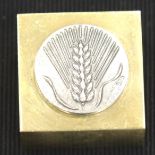Sterling silver mounted square brass paperweight, relief design showing a wheat sheaf and stamped