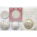2003 Prince William £5 coin, 2003 Coronation Jubilee £5 coin, 1999 Millennium £5 coin, blister-