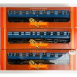 3x Hornby OO Gauge LMS Coronation Scot Blue Passenger Coaches 2x R422 & 1x R423 - All Mint Boxed.