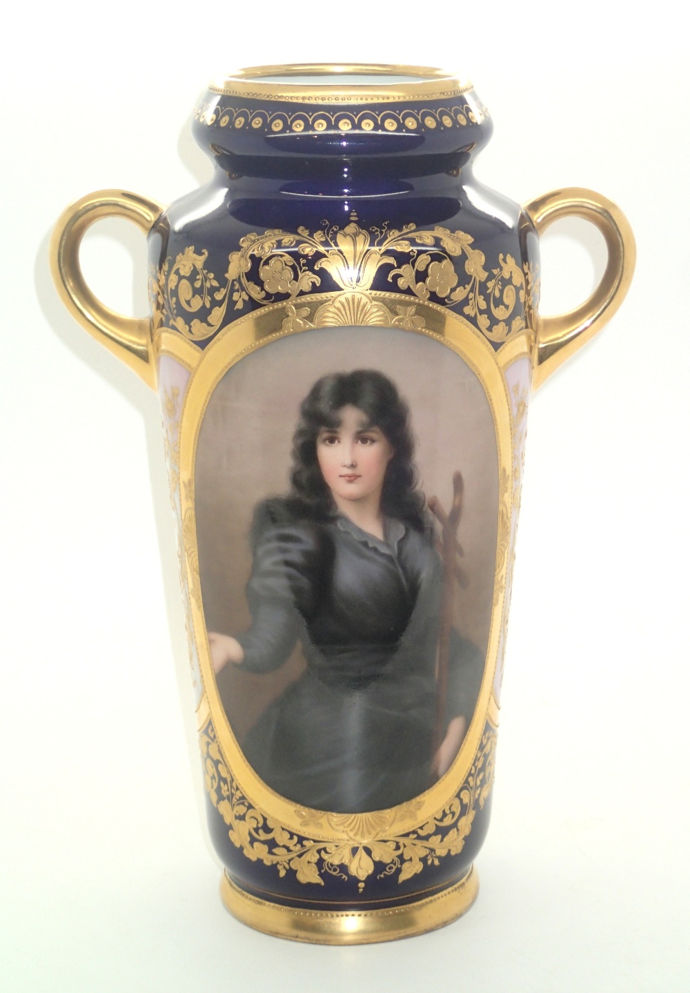 Royal Vienna good twin handled vase having large oval painted panel of a female portrait