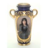 Royal Vienna good twin handled vase having large oval painted panel of a female portrait