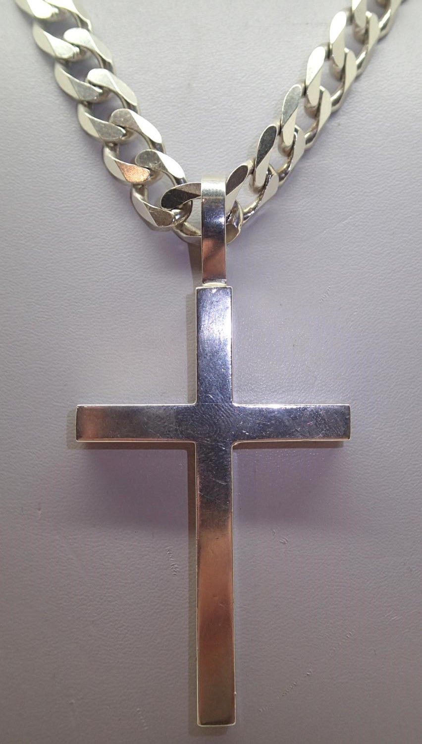 Sterling silver vintage 1974 solid block cross on solid sterling silver curb chain, full hallmarks