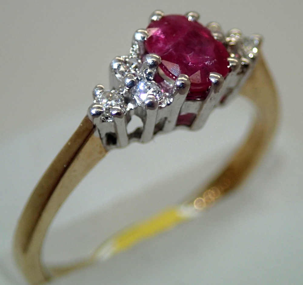 9ct gold fancy ruby and diamond ring size L. P&P group 1 (£16 for the first item and £1.50 for