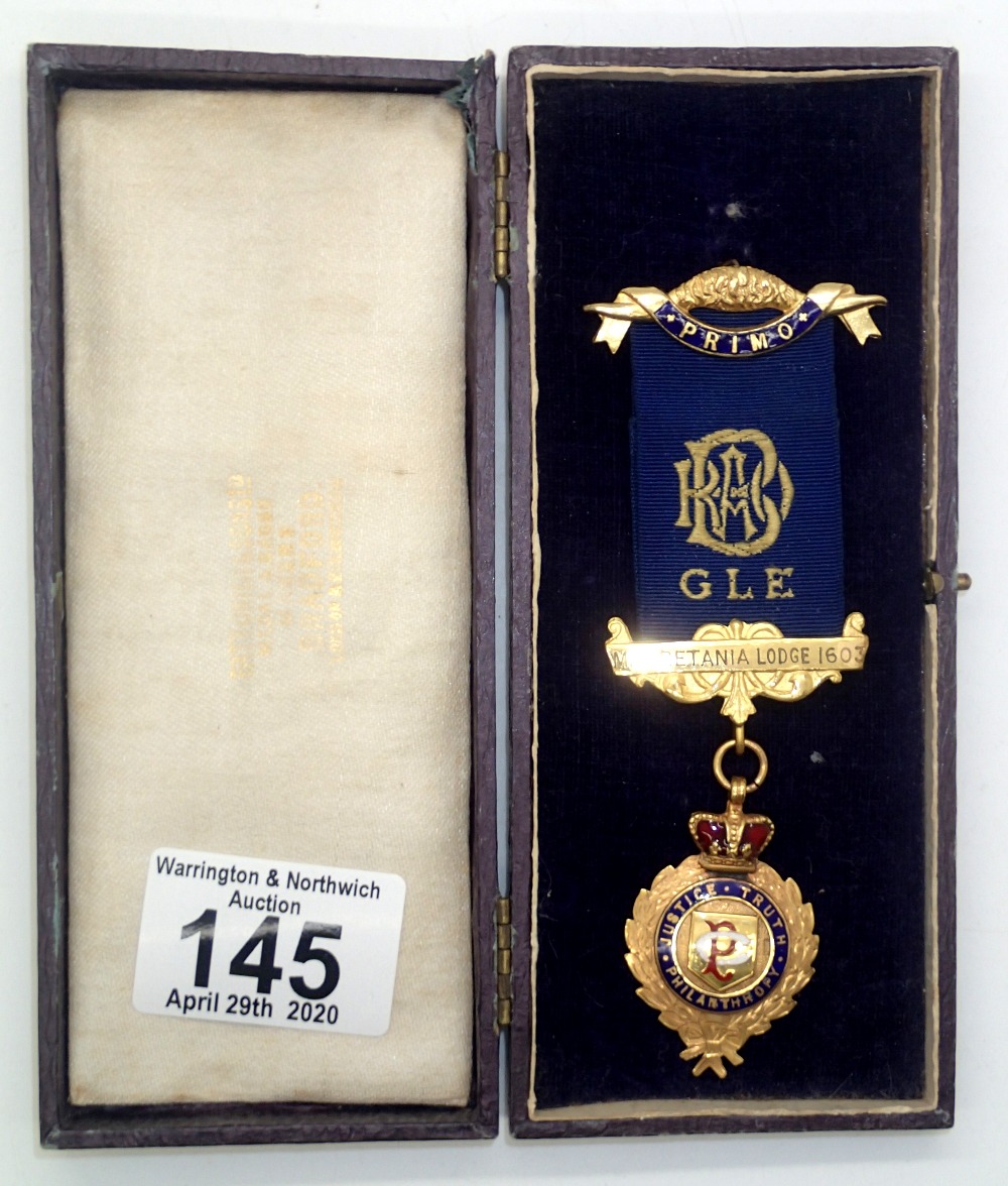 9ct gold antique 1921 RAOB jewel by Fattorini and Sons in original box presented to Brother Joseph