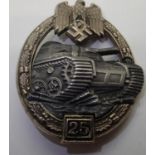 German WWII style Panzer Assault badge "25". P&P Group 1 (£14+VAT for the first lot and £1+VAT for