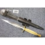 Gold handled fighting knife and scabbard with crown finial, L: 32 cm, blade L: 17 cm. P&P Group