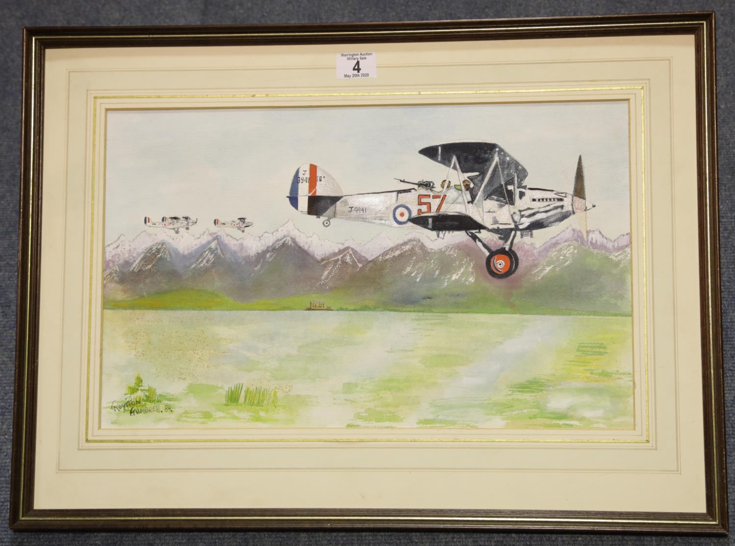 Watercolour of British Air Force bi-planes over a lake by Royston Gumbrel '89, 48 x 30 cm. P&P Group