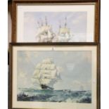 Two framed prints of sailing ships, one The Frolic fights the Wasp, 1812 by Roy Cross, the second by