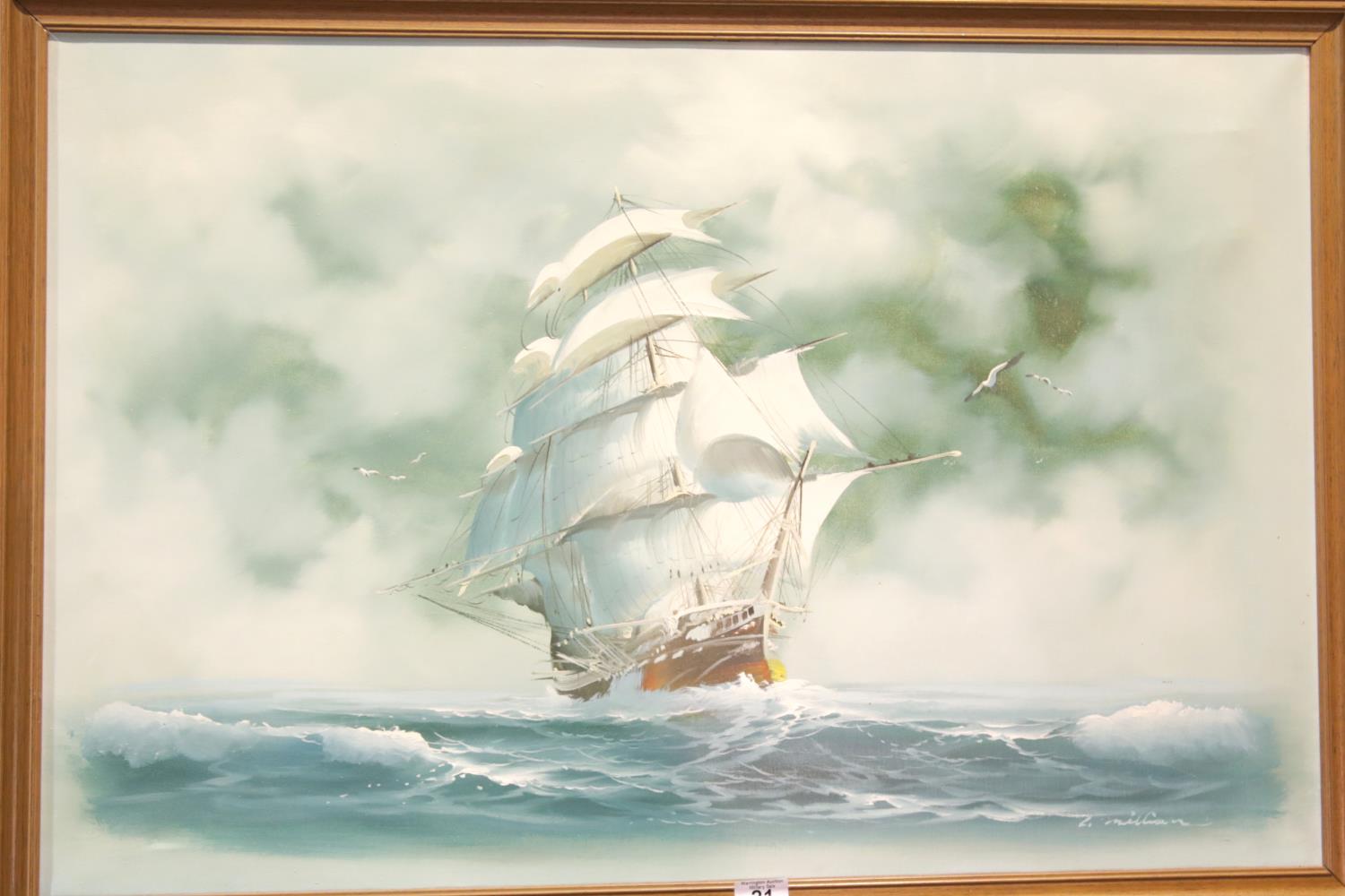 Original oil on canvas of a sailing ship, framed, indistinctly signed 90 x 60 cm. P&P Group 3 (£25+