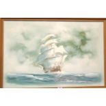 Original oil on canvas of a sailing ship, framed, indistinctly signed 90 x 60 cm. P&P Group 3 (£25+