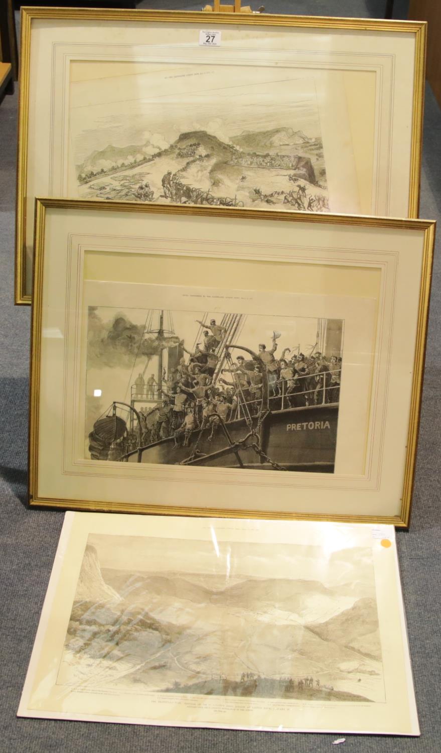 Two framed and one unframed prints from the Illustrated London News depicting images from the Boar