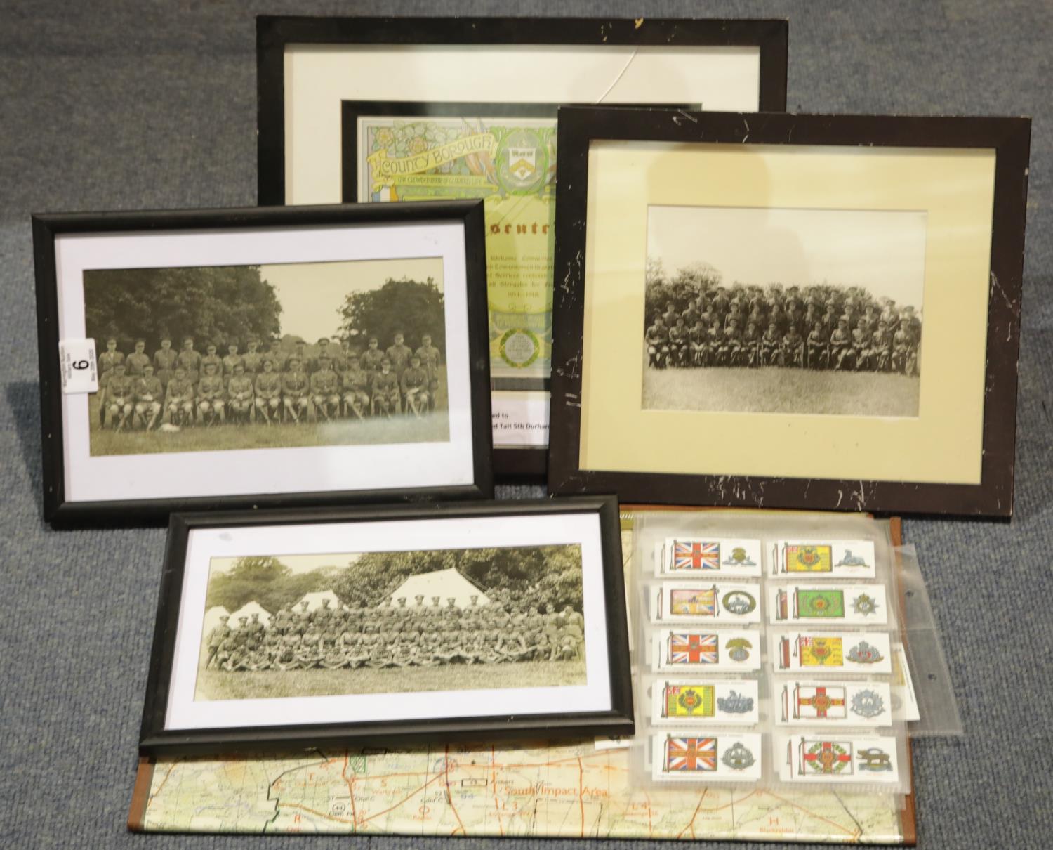 Group photographs of WWII Officers; together with map, cigarette cards and DLI Certificate. P&P