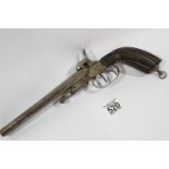 Antique black powder double barrel pistol with break barrel mechanism. L: 33 cm, barrel L: 19 cm.