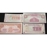 Four British Forces currency notes £1, 10p and 5p in mint condition. P&P Group 1 (£14+VAT for the