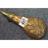 Copper and brass powder flask. P&P Group 1 (£14+VAT for the first lot and £1+VAT for subsequent