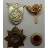 Four mixed badges including Nazi Party date badge. P&P Group 1 (£14+VAT for the first lot and £1+VAT