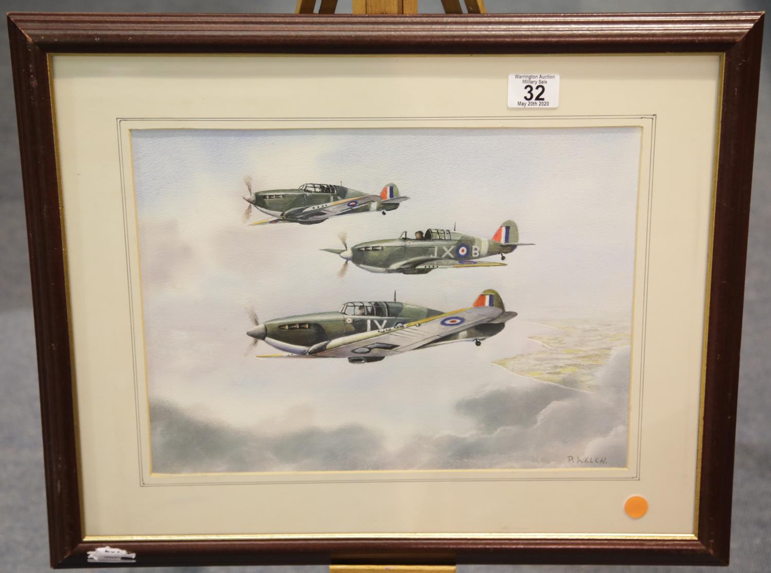 Watercolour of three Hurricanes by P Welch, 38 x 28 cm. P&P Group 3 (£25+VAT for the first lot