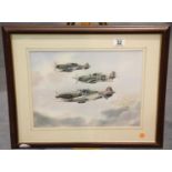 Watercolour of three Hurricanes by P Welch, 38 x 28 cm. P&P Group 3 (£25+VAT for the first lot