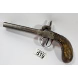 Antique black powder double barrel percussion pistol. L: 23 cm, barrel L: 12 cm. No makers mark,