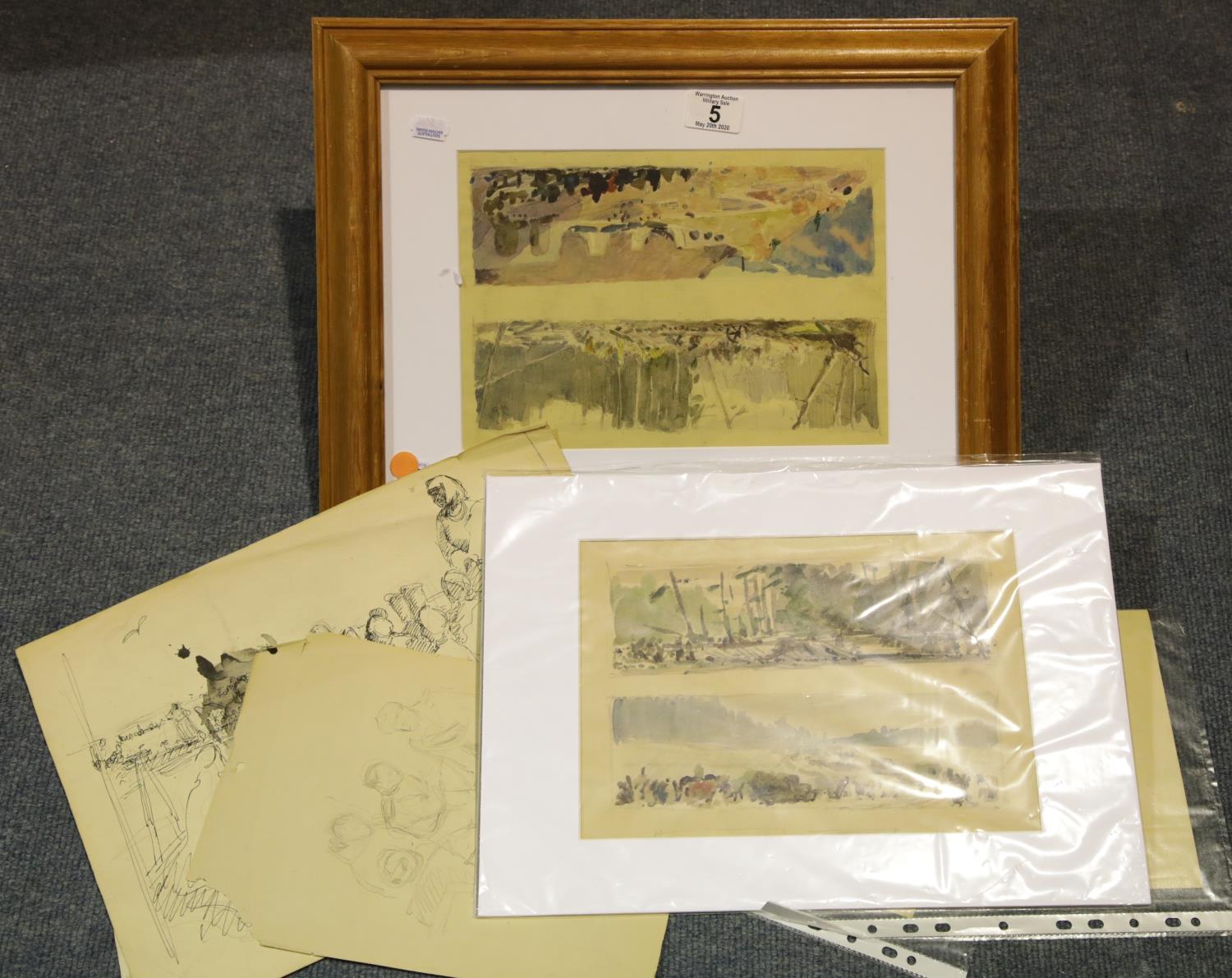 Two original watercolours and pencil sketches of war damaged parts of the Ukraine c.1950 by