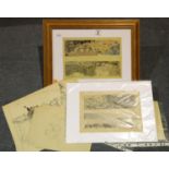 Two original watercolours and pencil sketches of war damaged parts of the Ukraine c.1950 by
