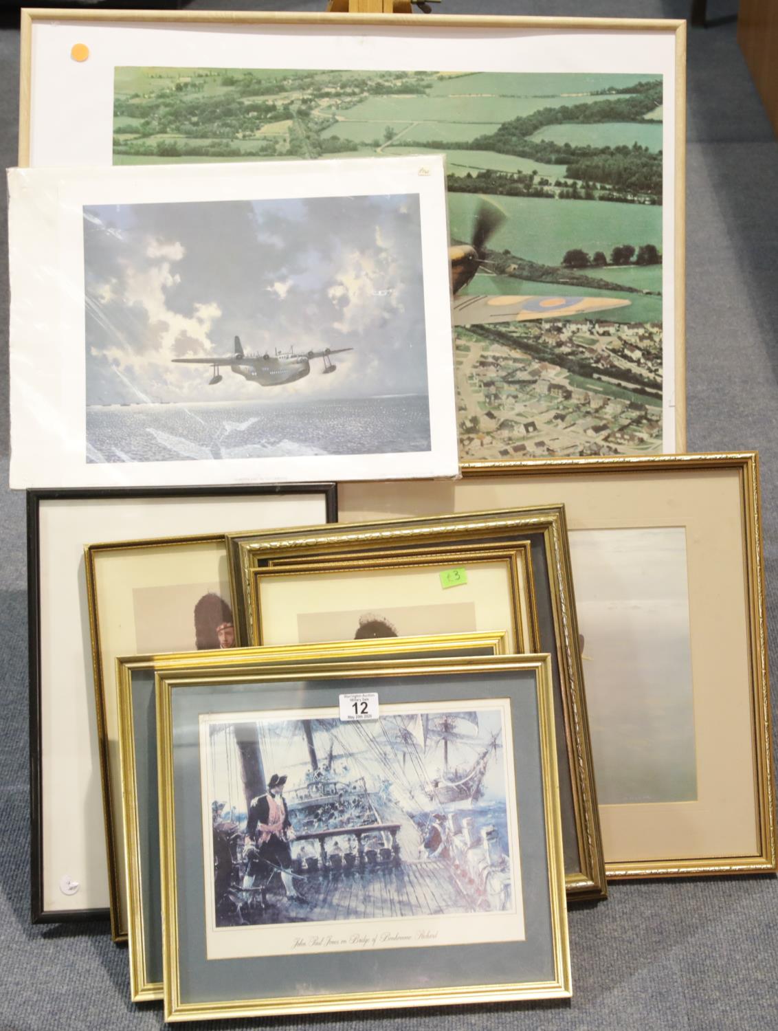 Four framed military prints, a Sunderland print, two American sailing prints and a Gerard Coulson