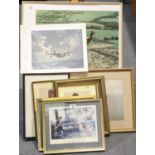 Four framed military prints, a Sunderland print, two American sailing prints and a Gerard Coulson
